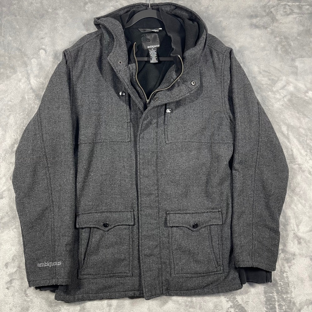 Ambiguous Mens Herringbone Full Zip Hooded Winter Jacket XL Dark Gray Wool Blend